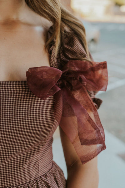 Dark Plum/Beige Chec Puff Sleeve Mini Dress JD6880 - Southern Soule Designs