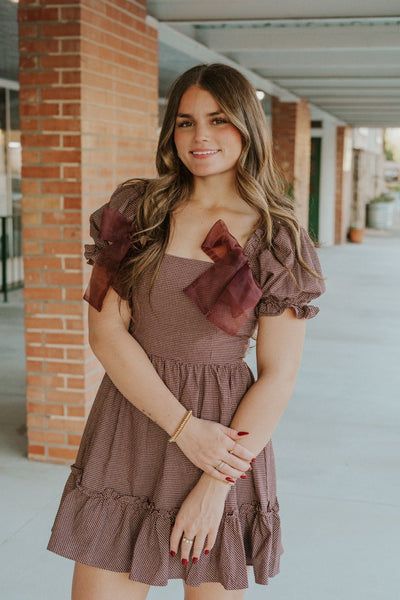 Dark Plum/Beige Chec Puff Sleeve Mini Dress JD6880 - Southern Soule Designs