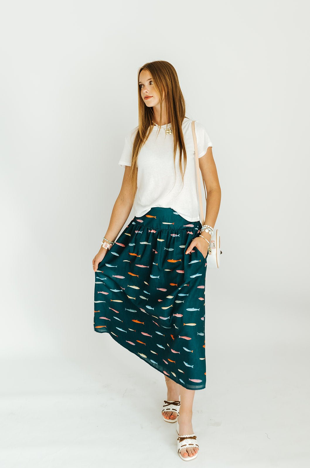 Dark Teal Fish Print Midi Skirt BK1436 - Southern Soule Designs