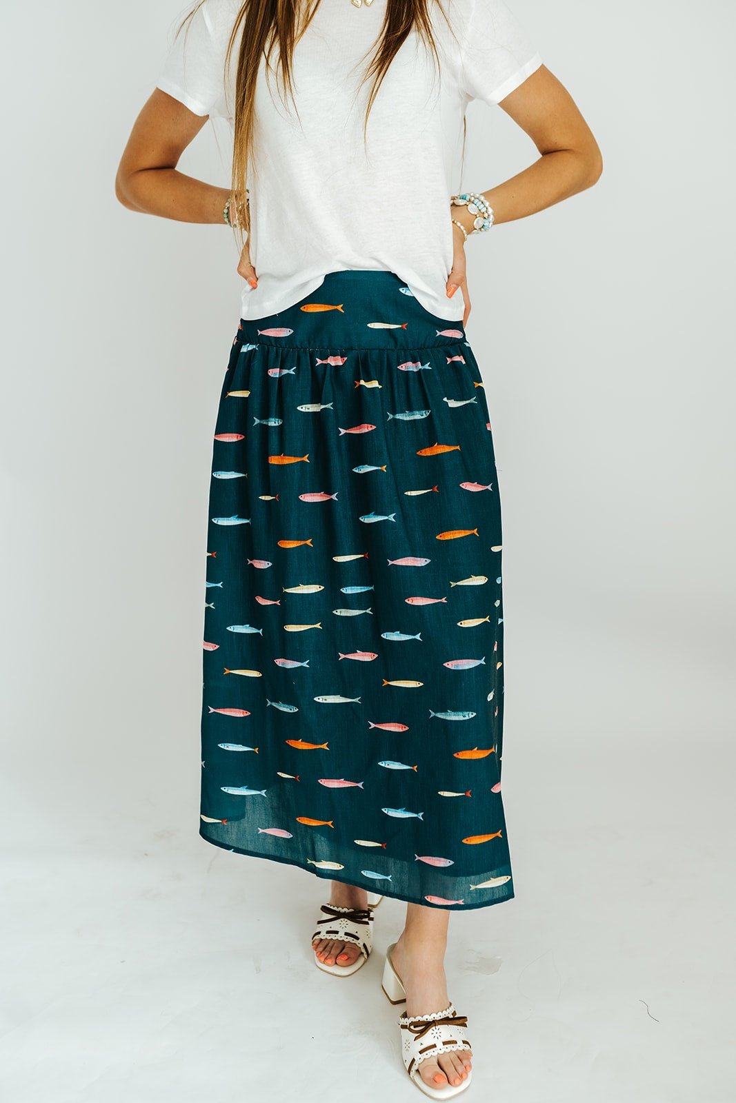 Dark Teal Fish Print Midi Skirt BK1436 - Southern Soule Designs