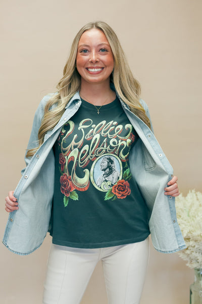 Daydreamer Willie Nelson Rose Frame BF Tee - Southern Soule Designs