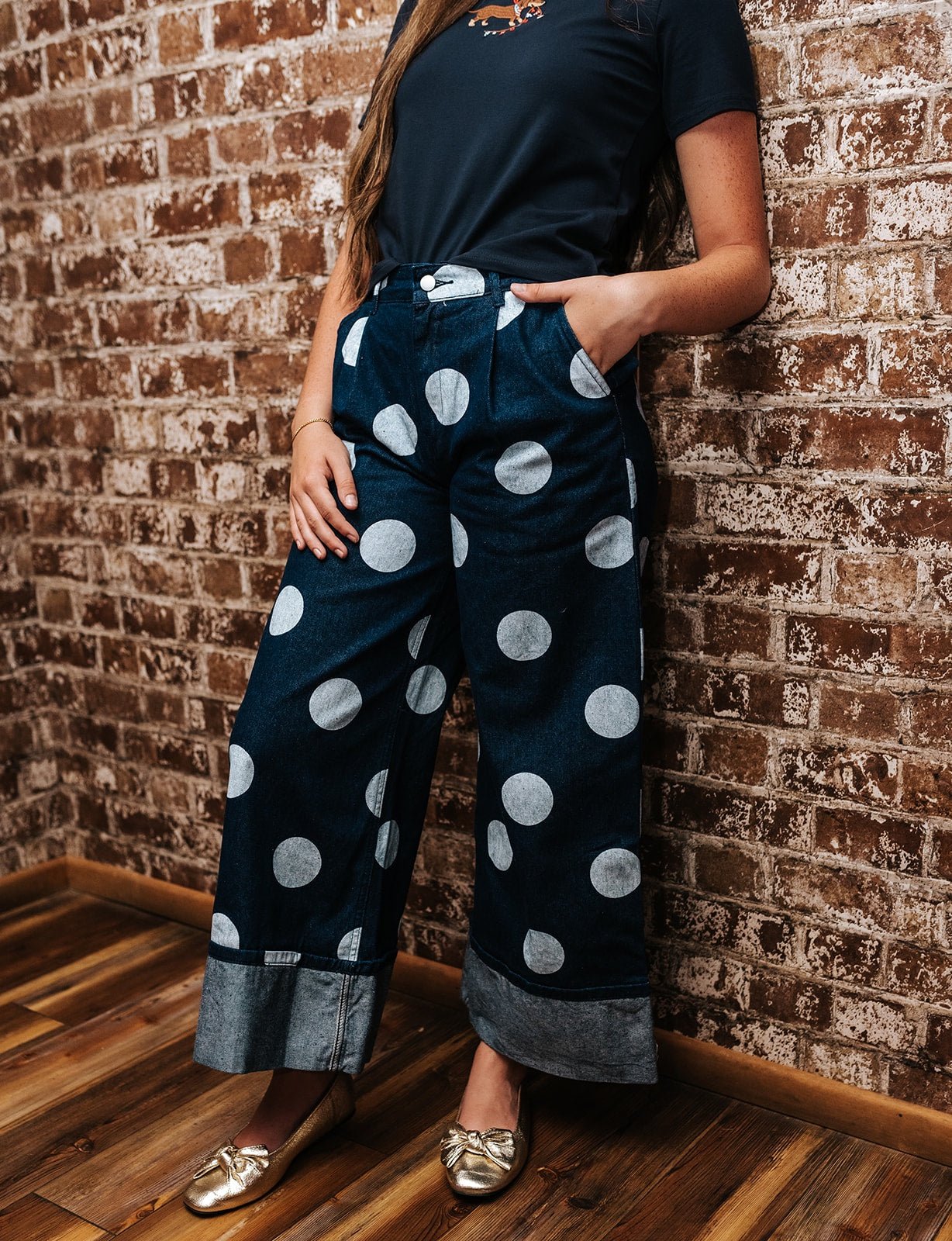 Deep Navy Cuffed Hem Wide Leg Denim Pants P10356LL - Southern Soule Designs