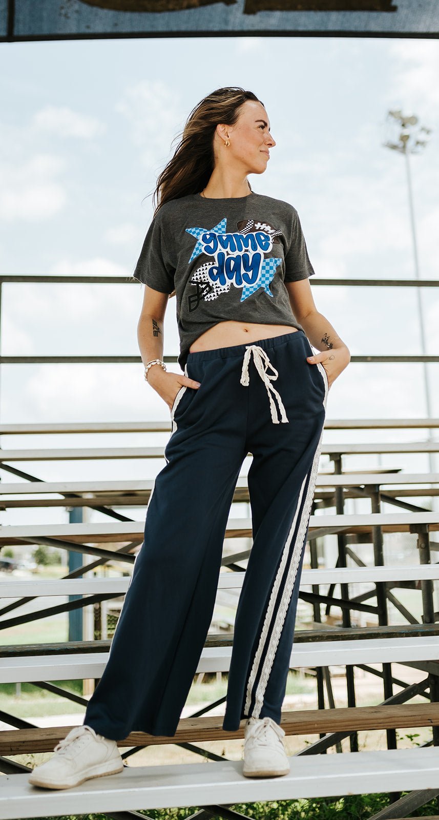 Deep Navy Lace Striped Sweatpants C70694 - Southern Soule Designs