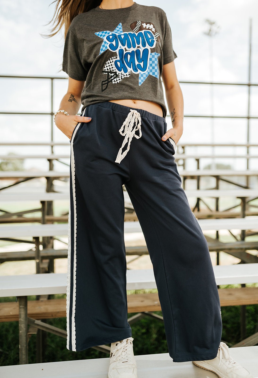 Deep Navy Lace Striped Sweatpants C70694 - Southern Soule Designs