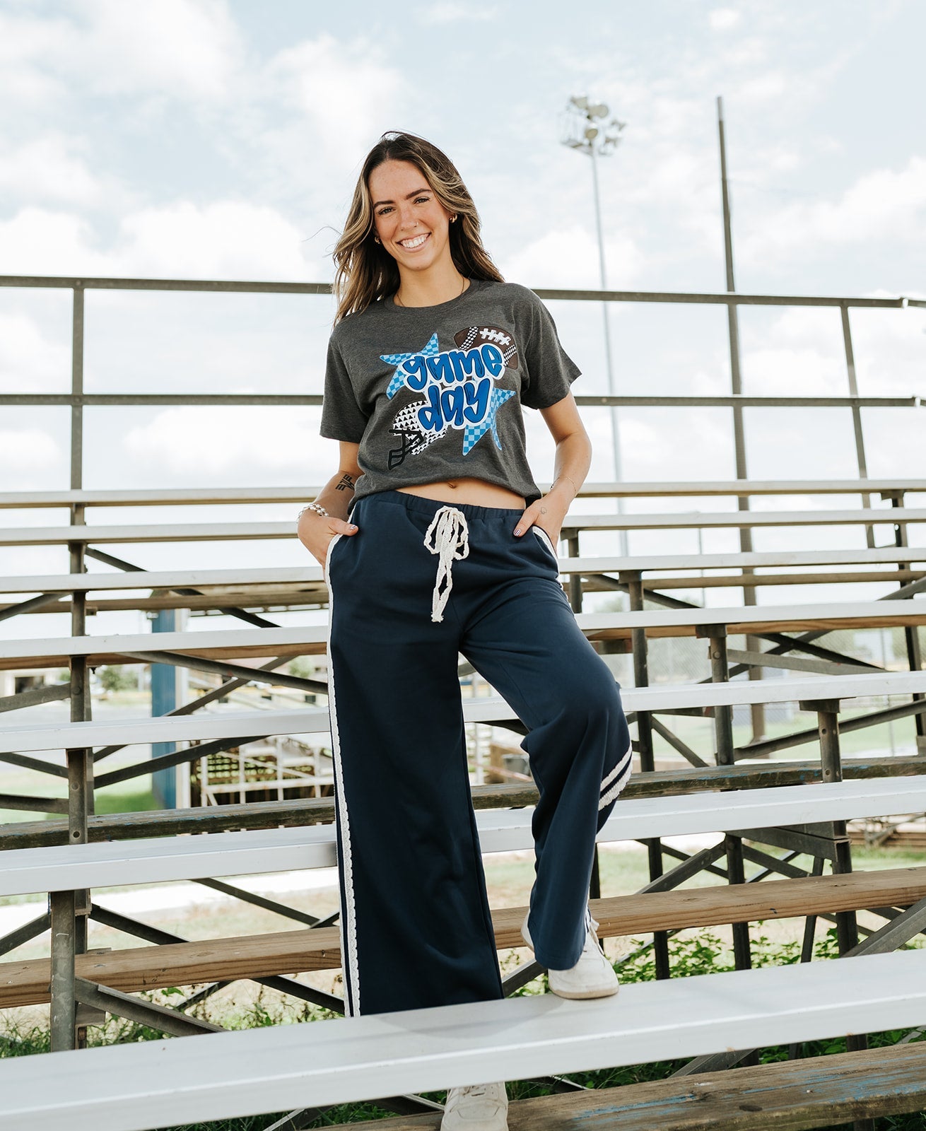 Deep Navy Lace Striped Sweatpants C70694 - Southern Soule Designs