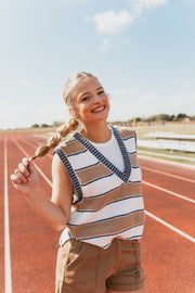 Deep V Sweater Vest - Camel Stripe - Southern Soule Designs