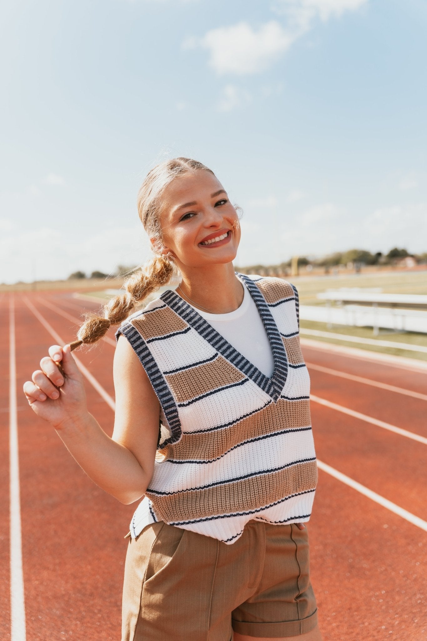 Deep V Sweater Vest - Camel Stripe - Southern Soule Designs