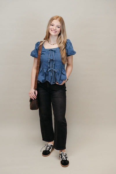 Denim Bow Detail Peplum Square Neck Blouse T24227 - Southern Soule Designs