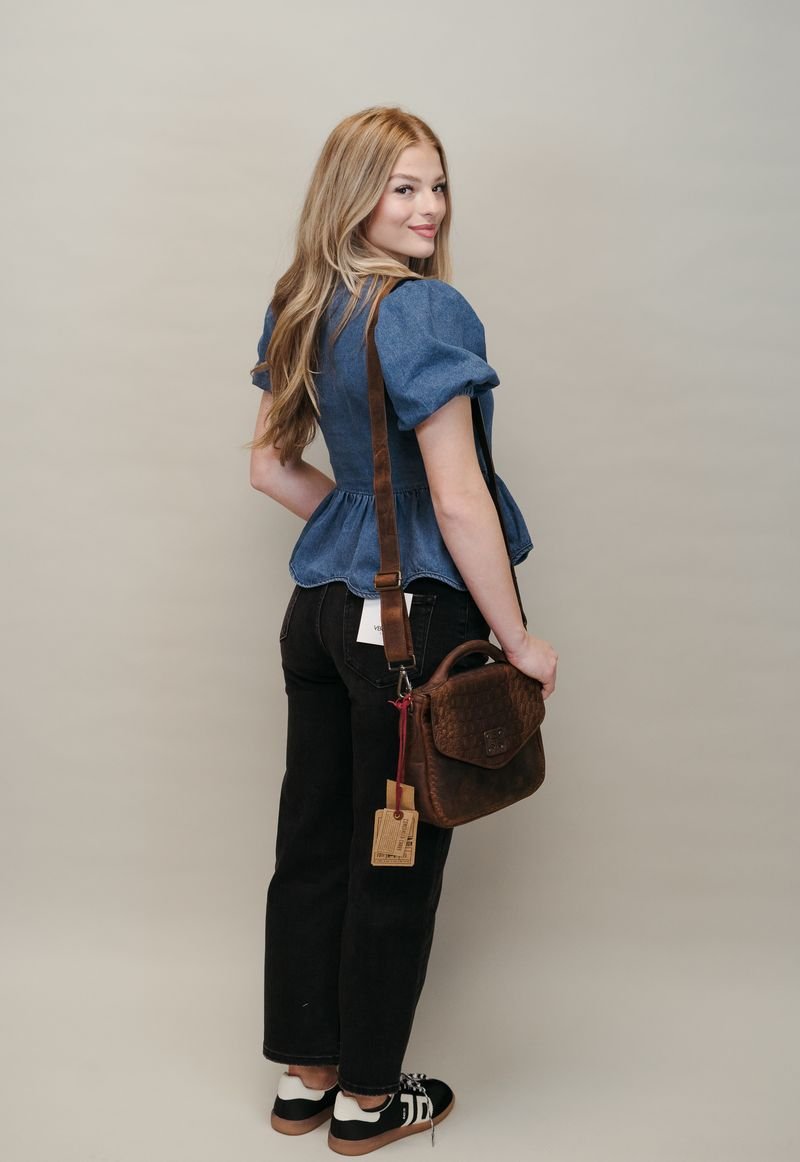 Denim Bow Detail Peplum Square Neck Blouse T24227 - Southern Soule Designs