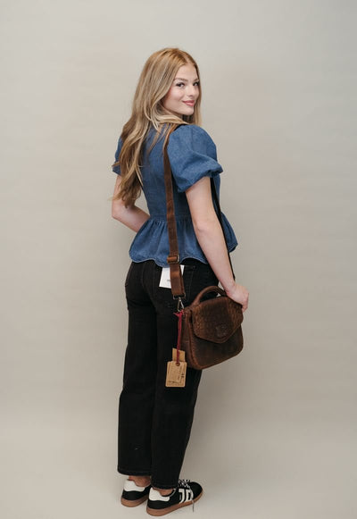 Denim Bow Detail Peplum Square Neck Blouse T24227 - Southern Soule Designs