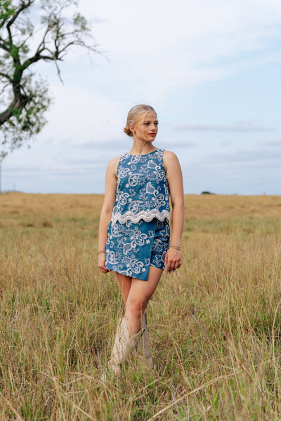 Denim Embroidered Mini Wrap Skort ILP5723 - Southern Soule Designs