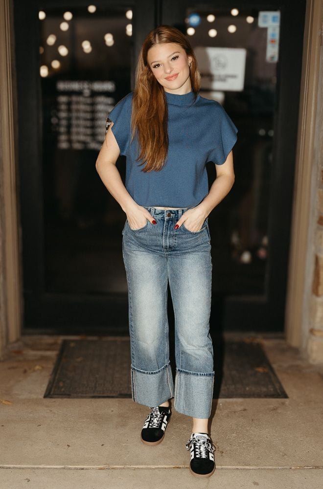 Denim Knit Mock Neck Short Sleeve Top SG8414 - Southern Soule Designs