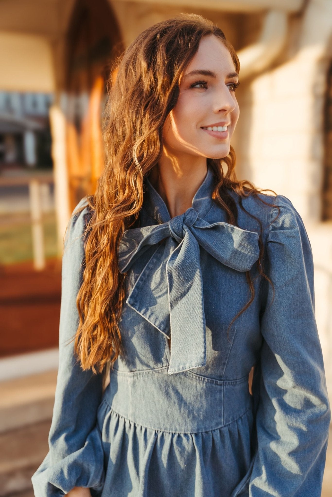 Denim Long Sleeve Dress w/Front Bow Tie ILD4766 Southern Soule Designs Denim Long Sleeve Dress w/Front Bow Tie ILD4766 Southern Soule Designs