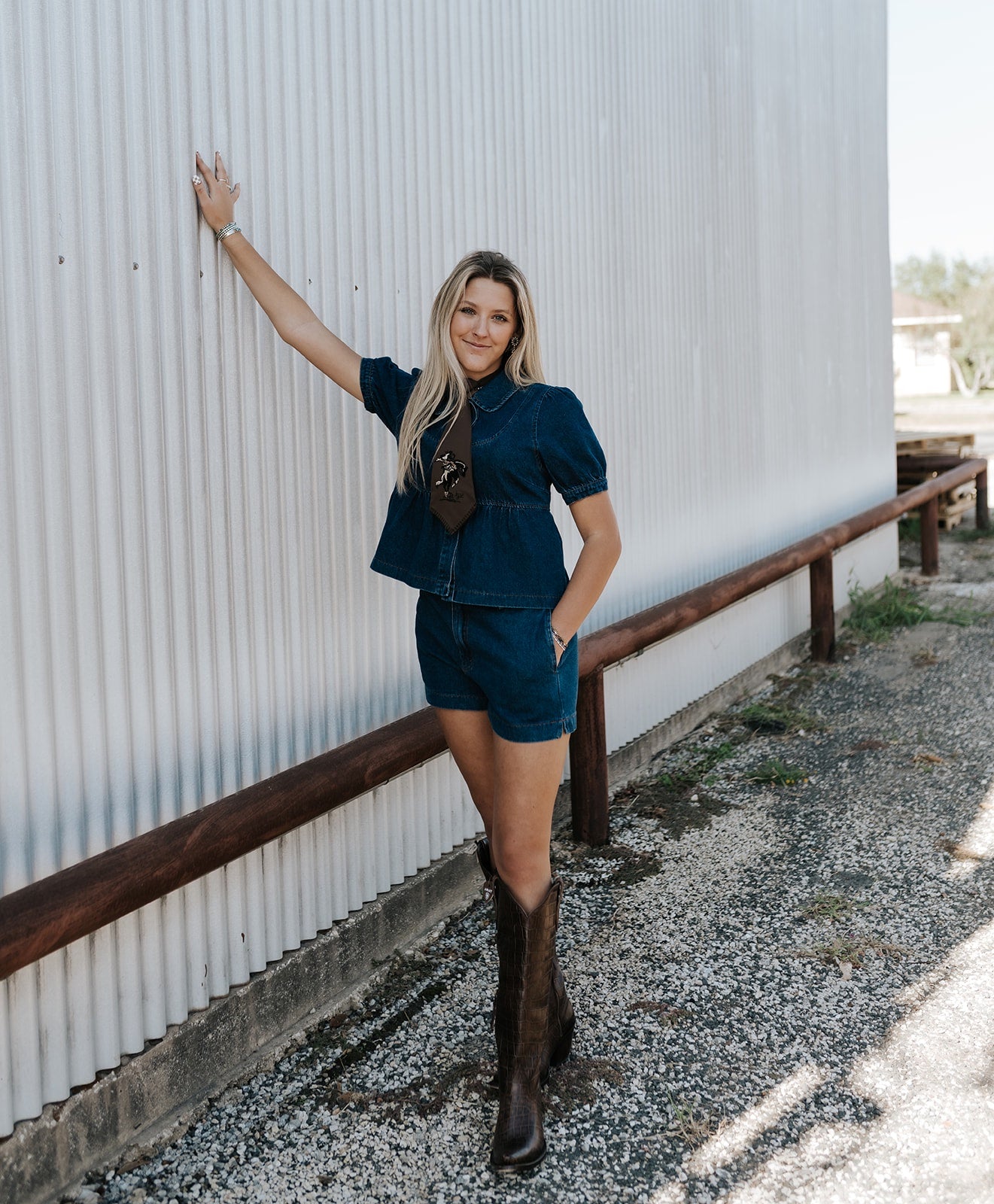 Denim Peter Pan Collar Puff Sleeve Top + Mid Rise Shorts PJP6613 - Southern Soule Designs