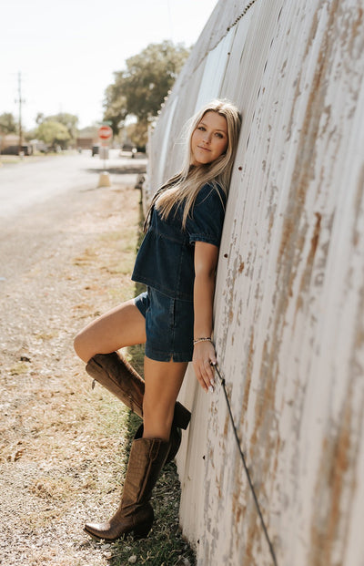 Denim Peter Pan Collar Puff Sleeve Top + Mid Rise Shorts PJP6613 - Southern Soule Designs