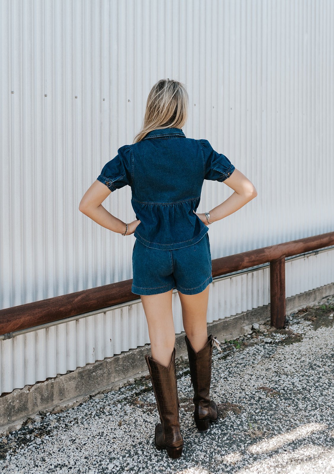 Denim Peter Pan Collar Puff Sleeve Top + Mid Rise Shorts PJP6613 - Southern Soule Designs