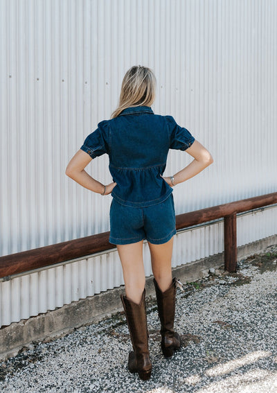 Denim Peter Pan Collar Puff Sleeve Top + Mid Rise Shorts PJP6613 - Southern Soule Designs