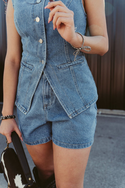 Denim Pleated Shorts SP2572 - Southern Soule Designs