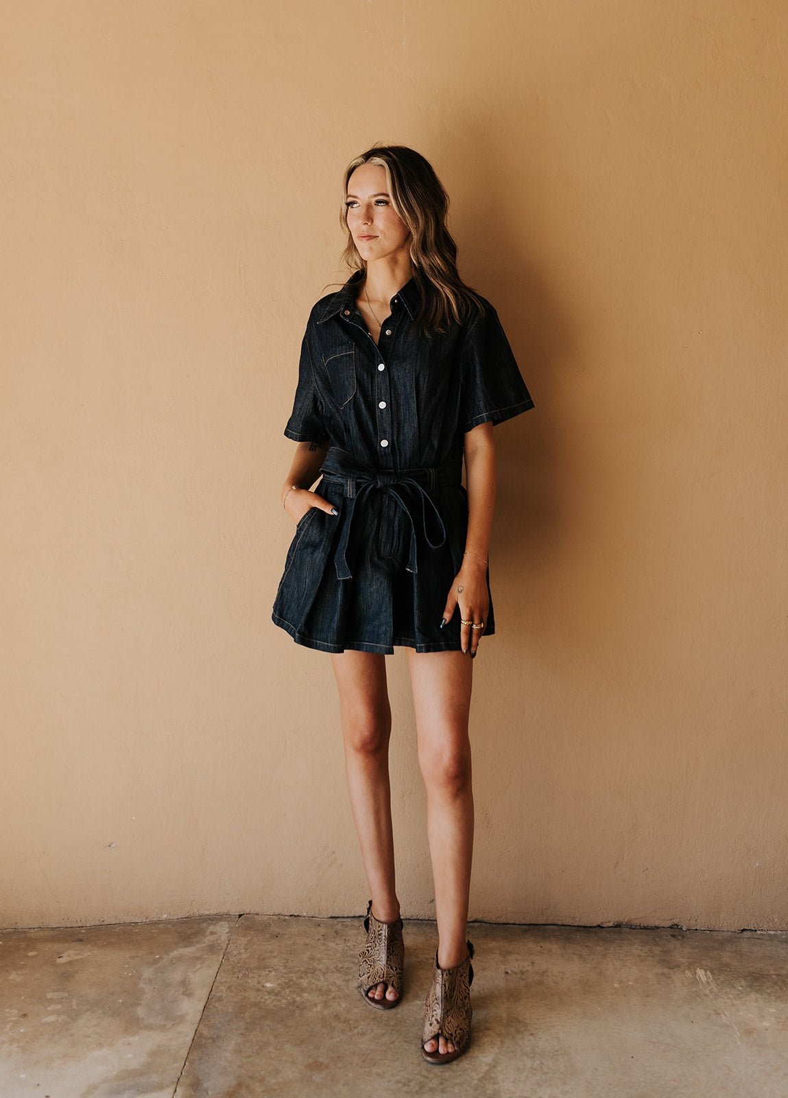 Denim Short Sleeve Pleated Belted Romper IR2294 - Southern Soule Designs