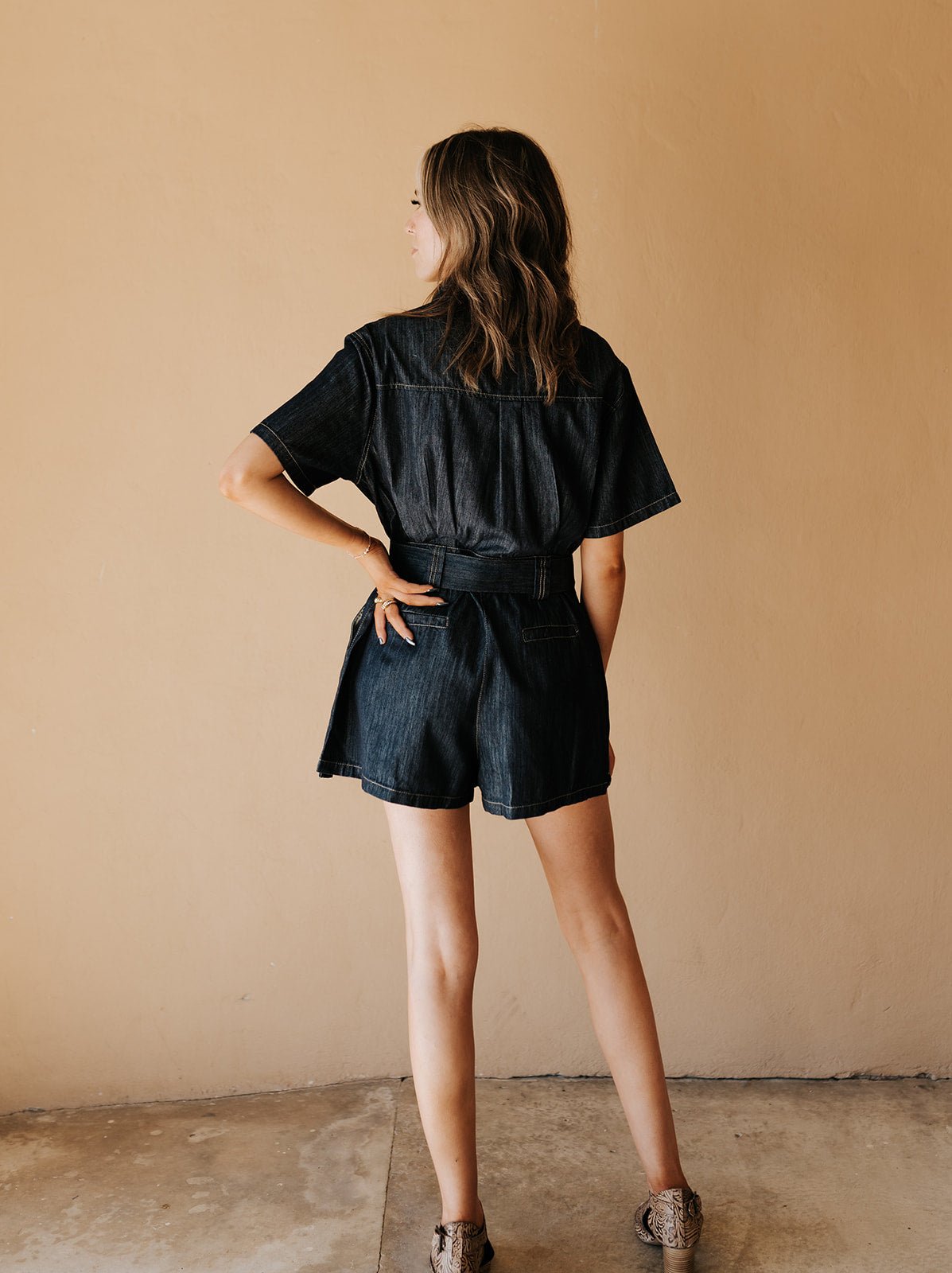 Denim Short Sleeve Pleated Belted Romper IR2294 - Southern Soule Designs