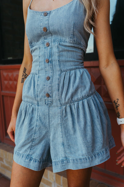 Denim Tiered Bottom Chambray Romper R4207 - Southern Soule Designs