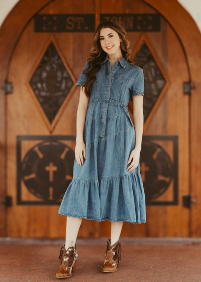 Denim Tiered Midi Dress LD1075 - Southern Soule Designs