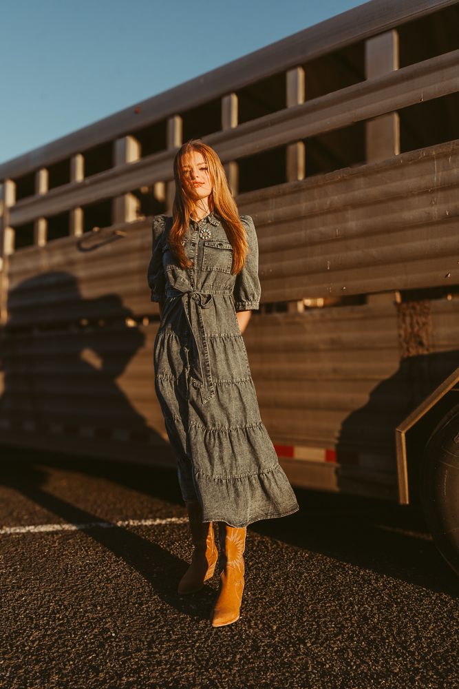 Denim Tiered Midi Shirt Dress CD04789 - Southern Soule Designs