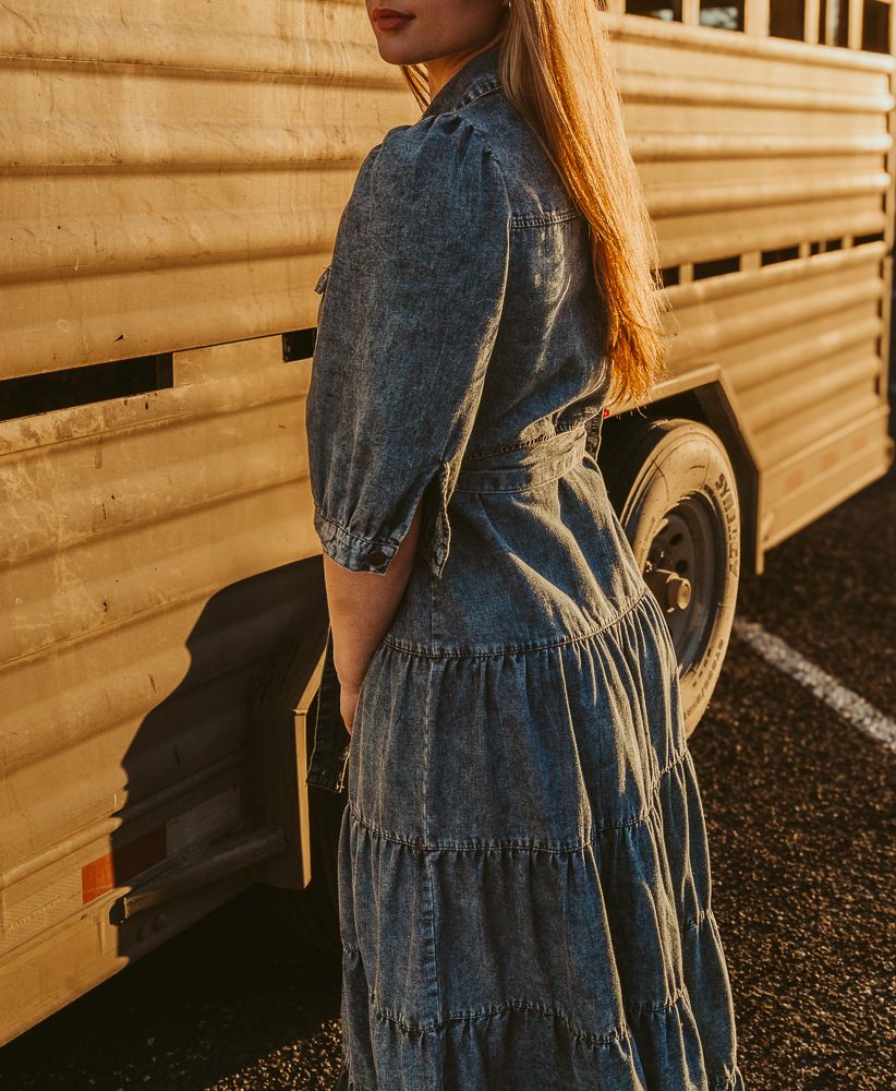 Denim Tiered Midi Shirt Dress CD04789 - Southern Soule Designs