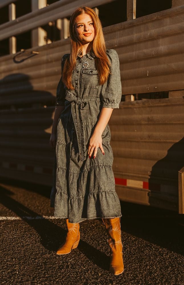 Denim Tiered Midi Shirt Dress CD04789 - Southern Soule Designs
