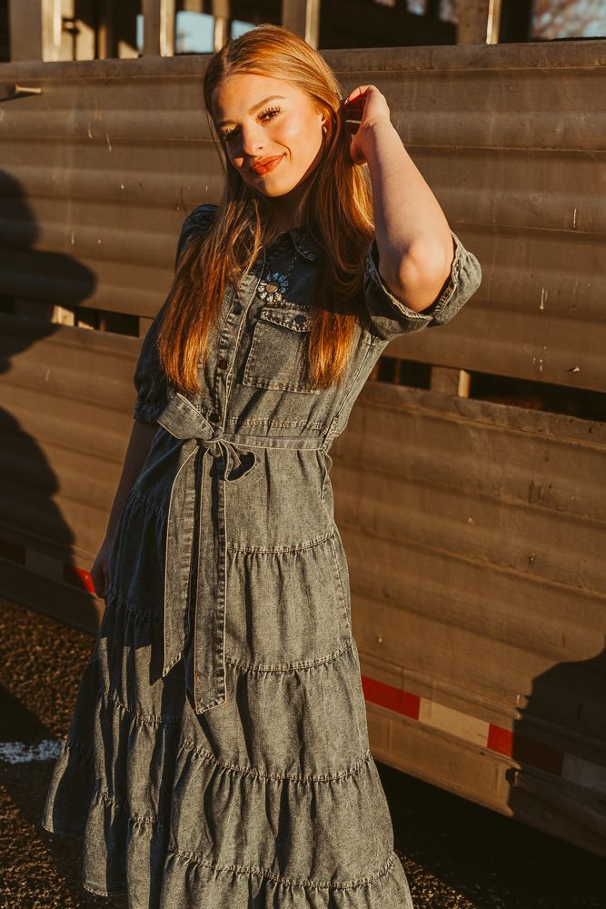 Denim Tiered Midi Shirt Dress CD04789 - Southern Soule Designs