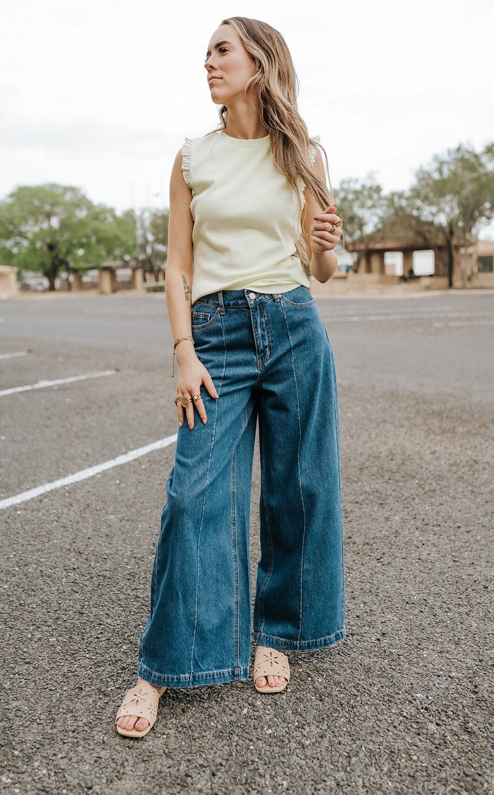 Denim Wide Leg Pants with Front Detail P6307 - Southern Soule Designs