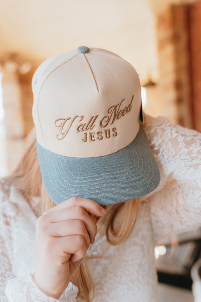 Denim Y'all Need Jesus Lettering Embroidered Trucker Hat - Southern Soule Designs