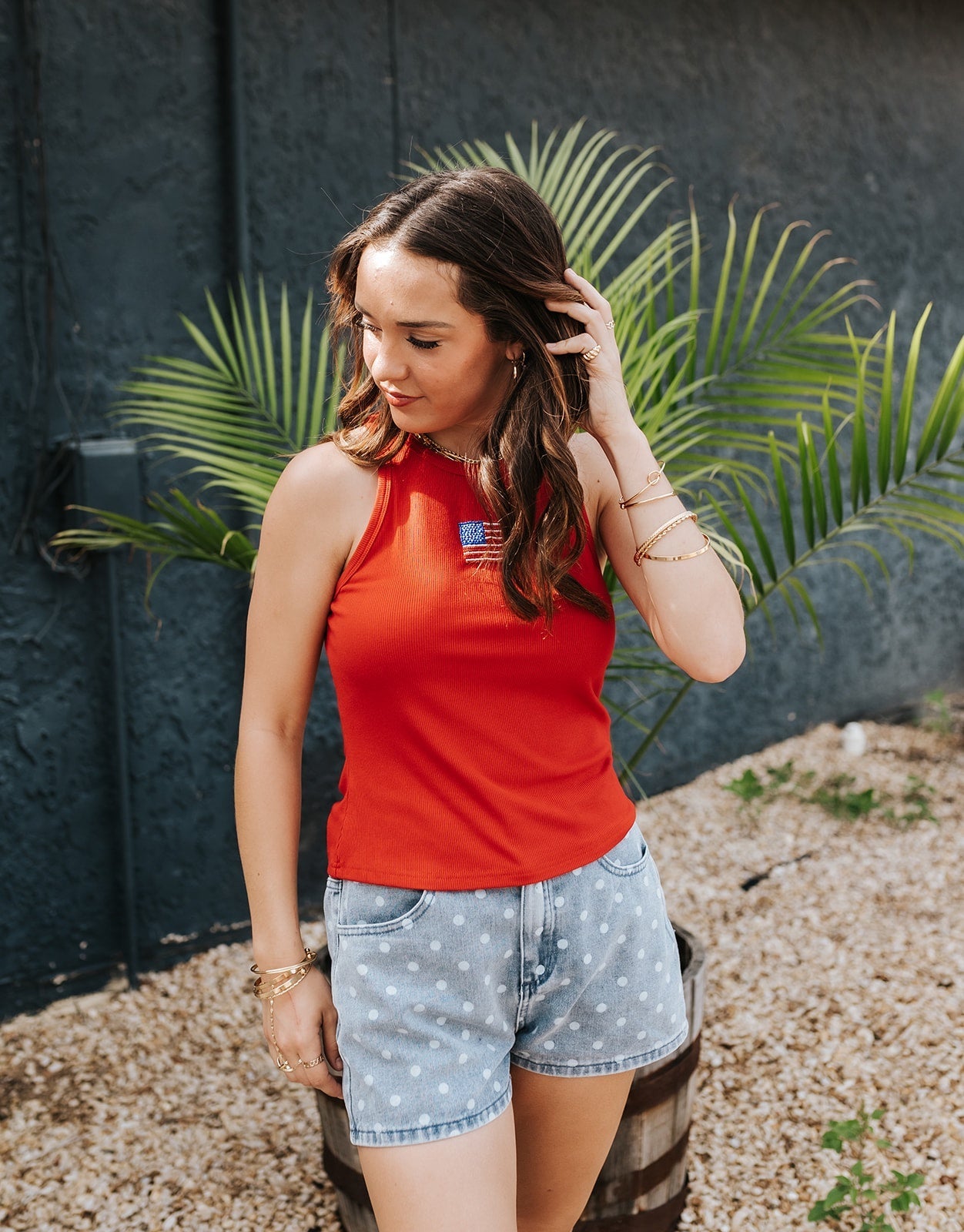 Denim/White Polka Dot High Waisted Shorts ZP1274 - Southern Soule Designs