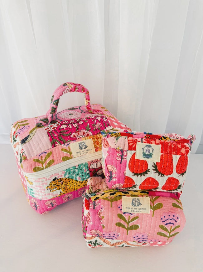 Pink City Quilted Cosmetic Bag set of 3