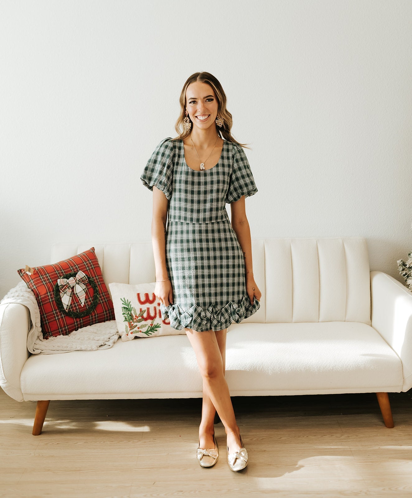 Dk Hunter Green Plaid Puff Sleeve Mini Dress ID300315 - 01 - Southern Soule Designs