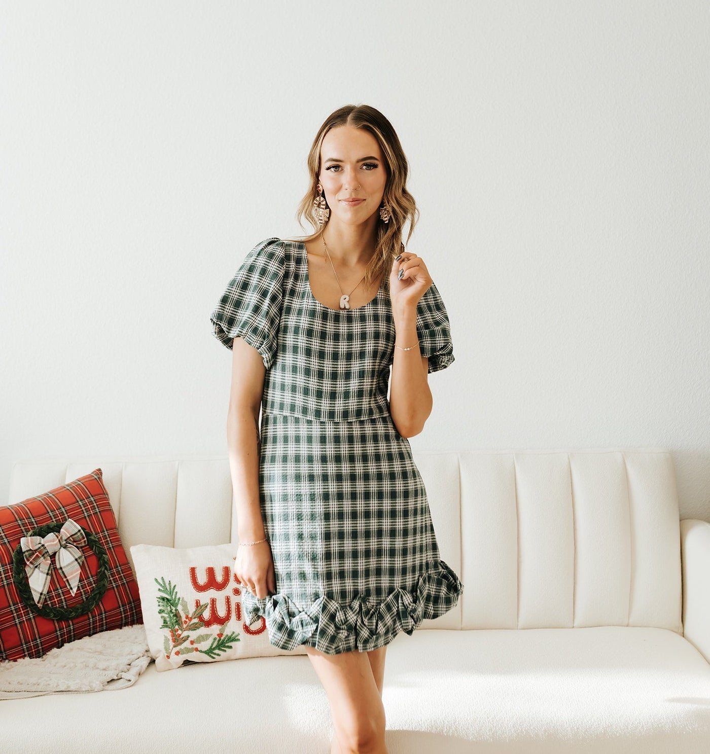 Dk Hunter Green Plaid Puff Sleeve Mini Dress ID300315 - 01 - Southern Soule Designs