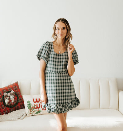 Dk Hunter Green Plaid Puff Sleeve Mini Dress ID300315 - 01 - Southern Soule Designs