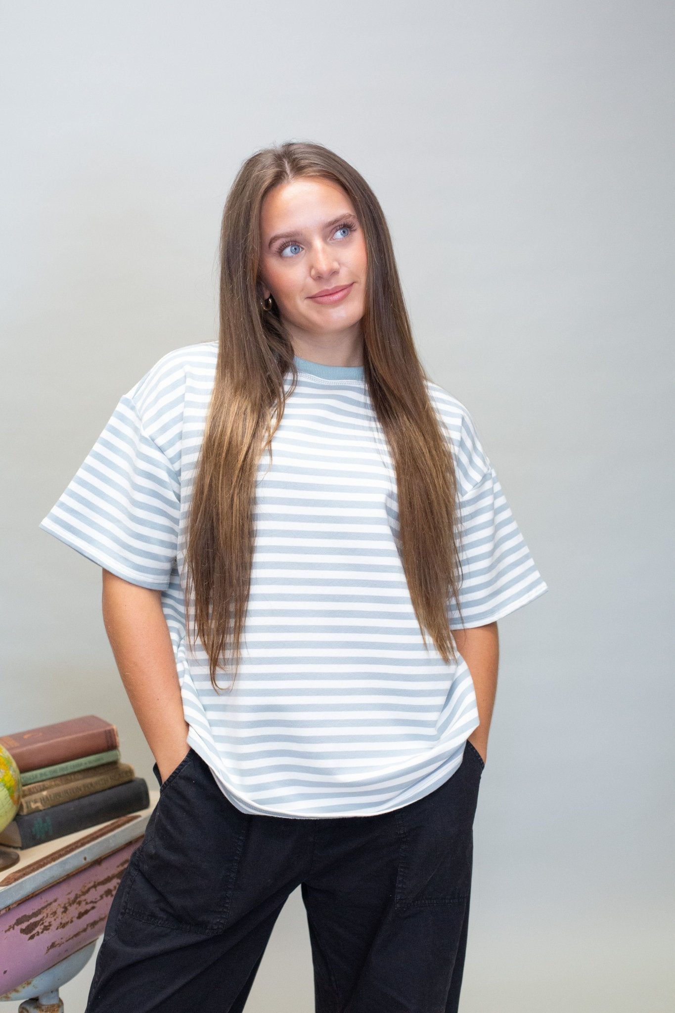 Dusty Blue Oversized Blue Stripe Tee TBT880 - Southern Soule Designs