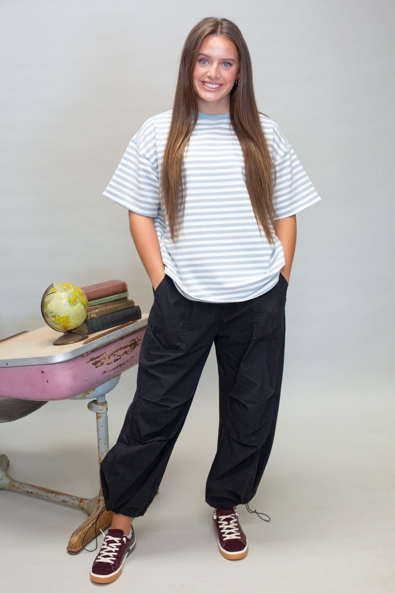 Dusty Blue Oversized Blue Stripe Tee TBT880 - Southern Soule Designs