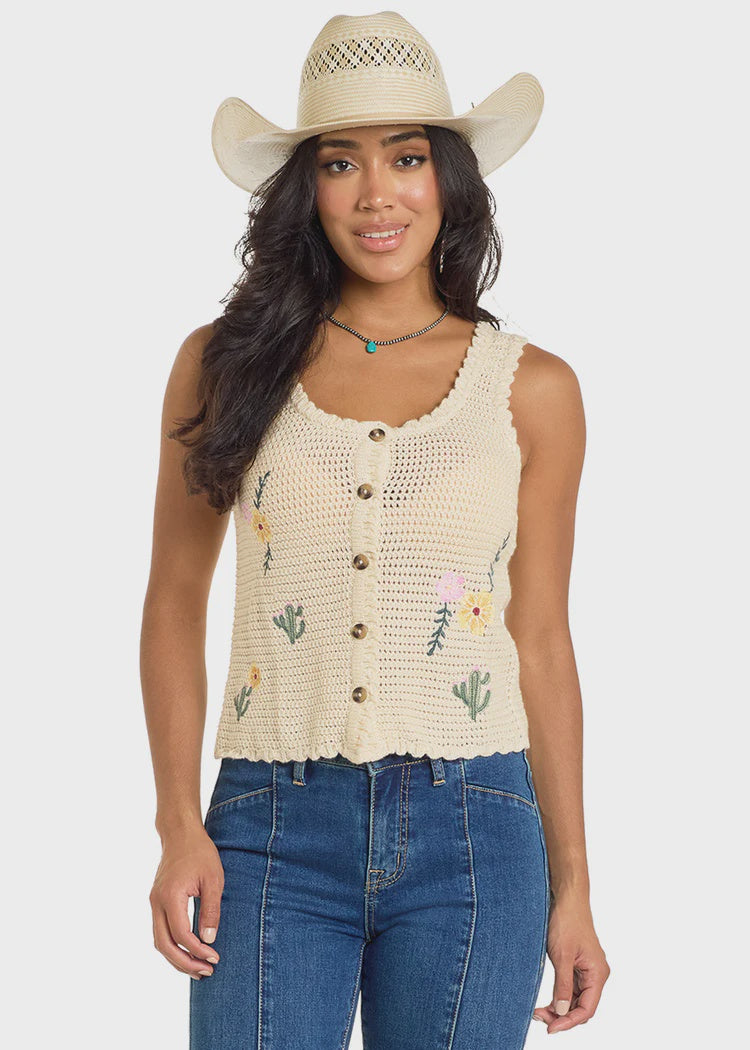 Rock & Roll Women's Crochet Tank with Embroidery Natural BW20T06280