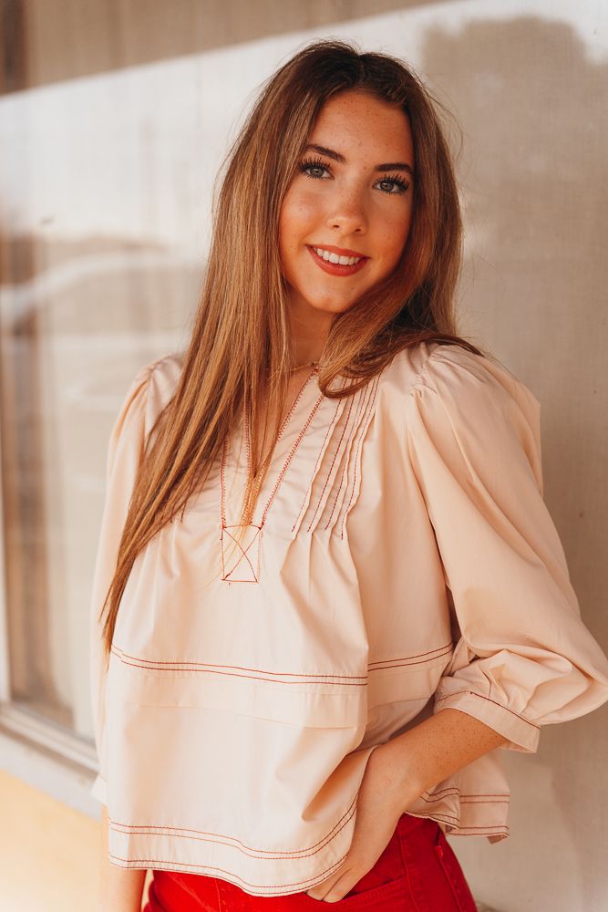 Ecru 3/4 Sleeve Pleated Top T24892 - Southern Soule Designs