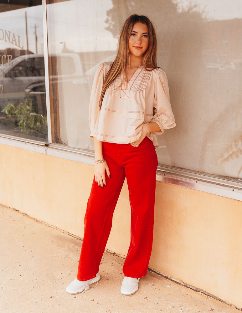 Ecru 3/4 Sleeve Pleated Top T24892 - Southern Soule Designs