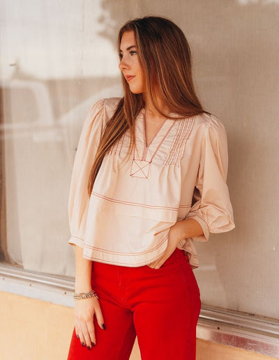 Ecru 3/4 Sleeve Pleated Top T24892 - Southern Soule Designs