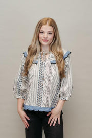 Ecru Print 1/2 Sleeve Top w/Scallop Trim T24838 - Southern Soule Designs