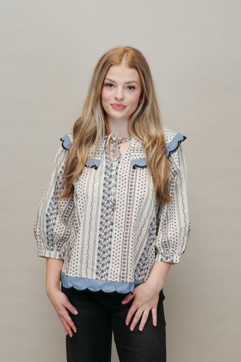 Ecru Print 1/2 Sleeve Top w/Scallop Trim T24838 - Southern Soule Designs