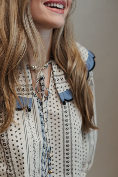 Ecru Print 1/2 Sleeve Top w/Scallop Trim T24838 - Southern Soule Designs