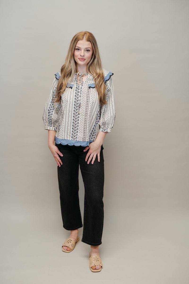 Ecru Print 1/2 Sleeve Top w/Scallop Trim T24838 - Southern Soule Designs