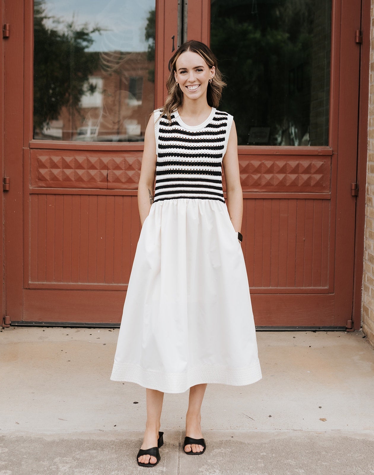 Ecru Stripe Knit Top Sleeveless Midi Dress D26006 - Southern Soule Designs