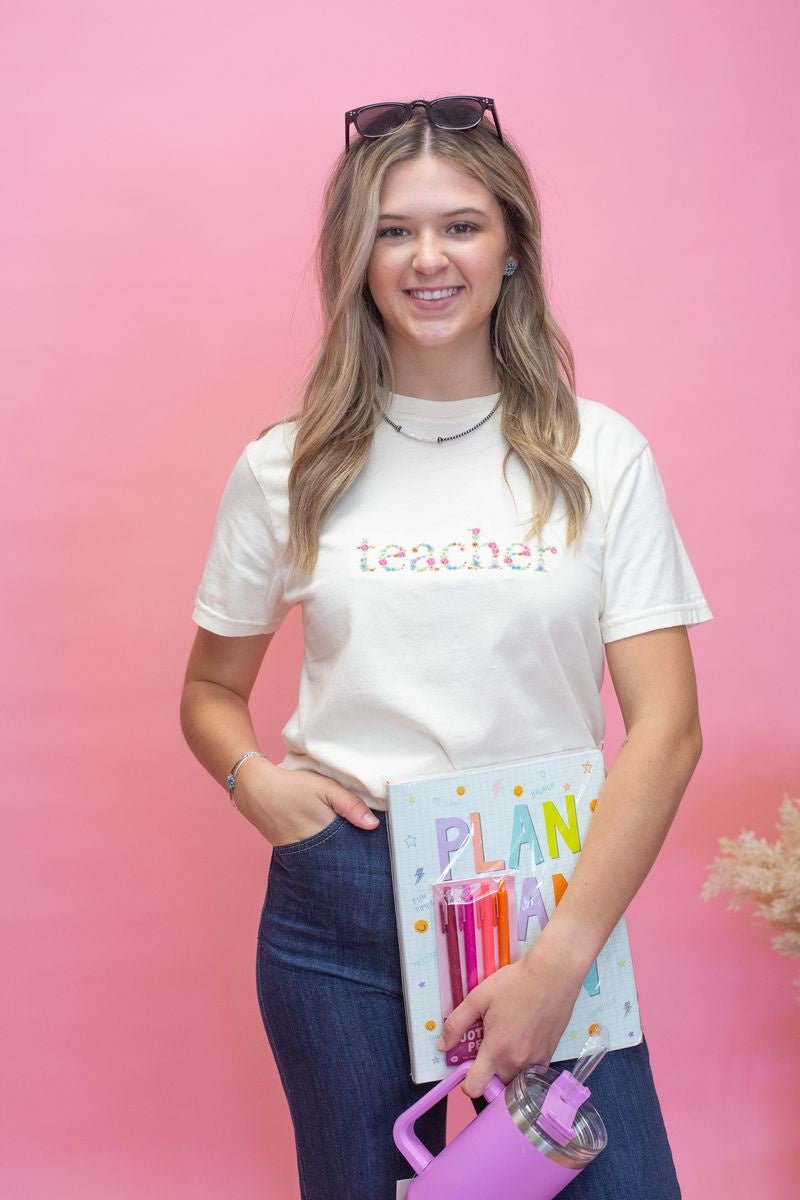 Embroidered Floral Teacher Tee - Southern Soule Designs