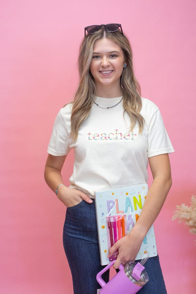 Embroidered Floral Teacher Tee - Southern Soule Designs